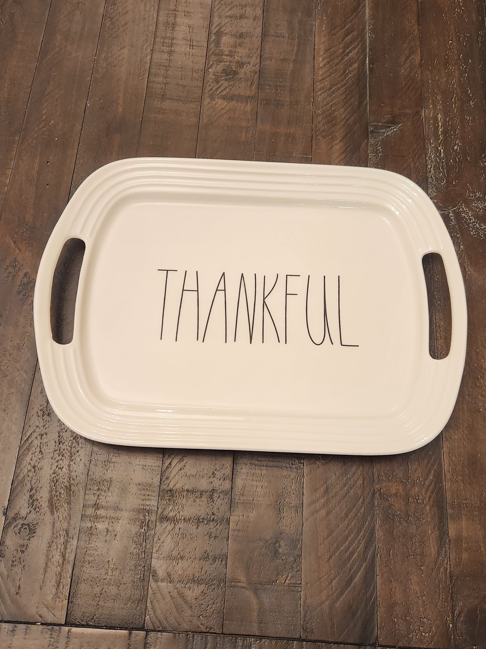 Farmhouse Ceramic "THANKFUL" Rectangular Serving Platter Tray with Handles